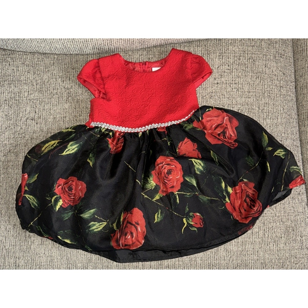 Nannette Toddler Baby Girl's Red Black Roses Formal Dress Size 18 Months